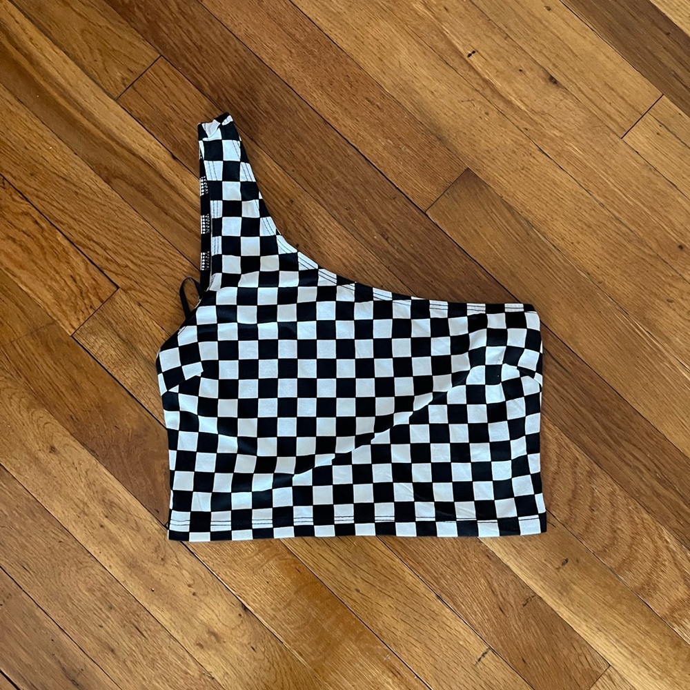 One Shoulder Checkered Crop Top